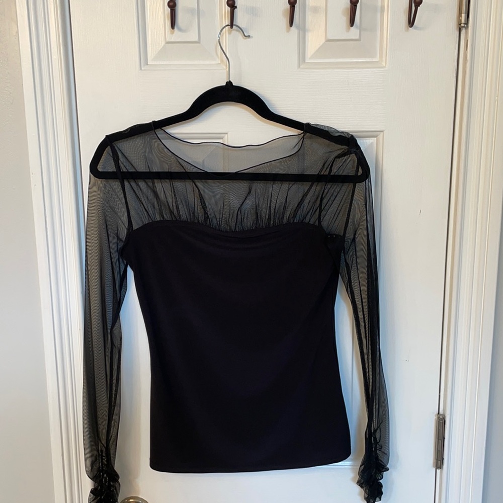 Joseph Ribkoff Unique Black Top w/ Mesh Sleeves